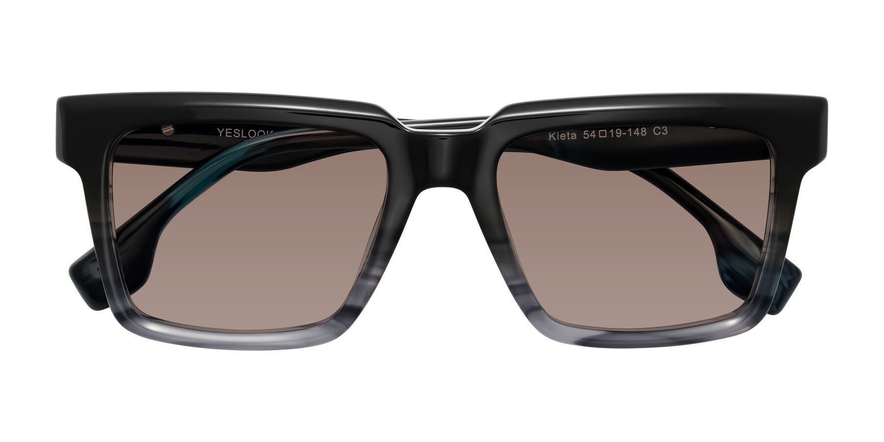 Folded Front of Kieta in Gradient Gray/Blue Striped with Medium Brown Tinted Lenses