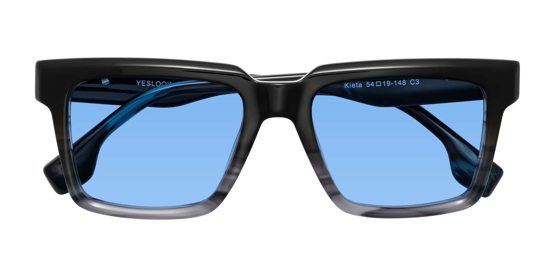 Folded Front of Kieta in Gradient Gray/Blue Striped with Medium Blue Tinted Lenses