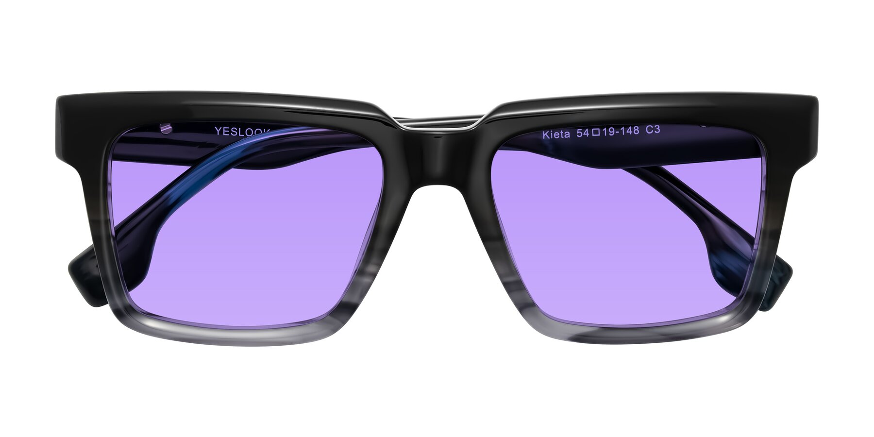 Folded Front of Kieta in Gradient Gray/Blue Striped with Medium Purple Tinted Lenses