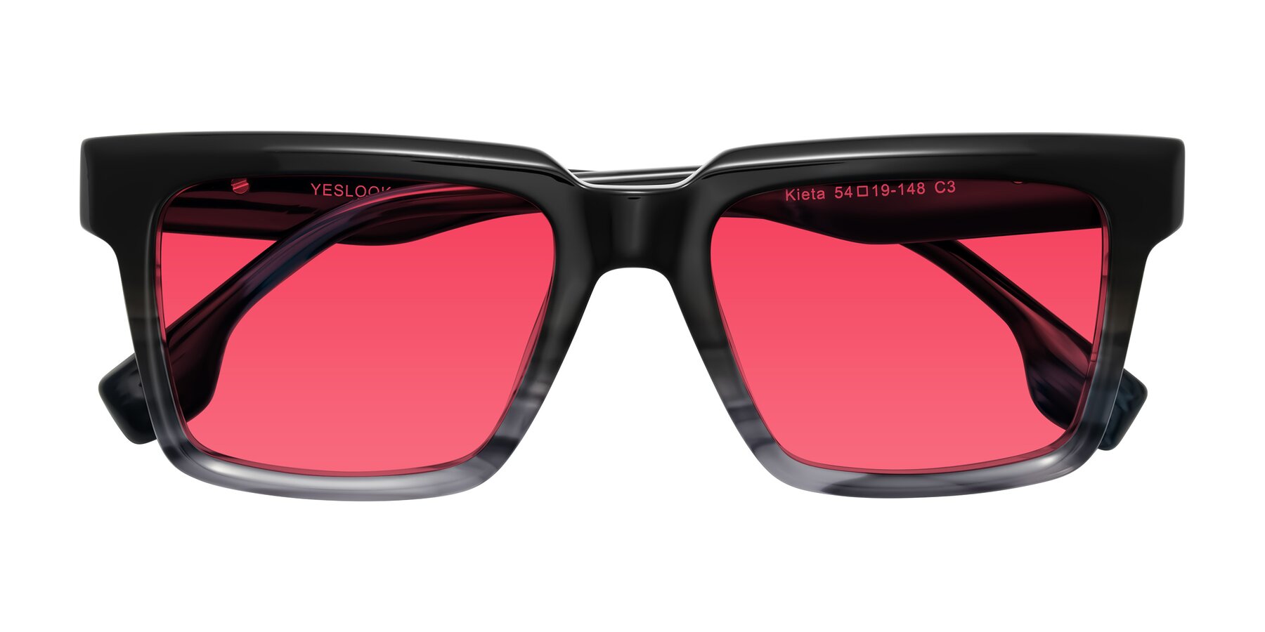 Folded Front of Kieta in Gradient Gray/Blue Striped with Red Tinted Lenses