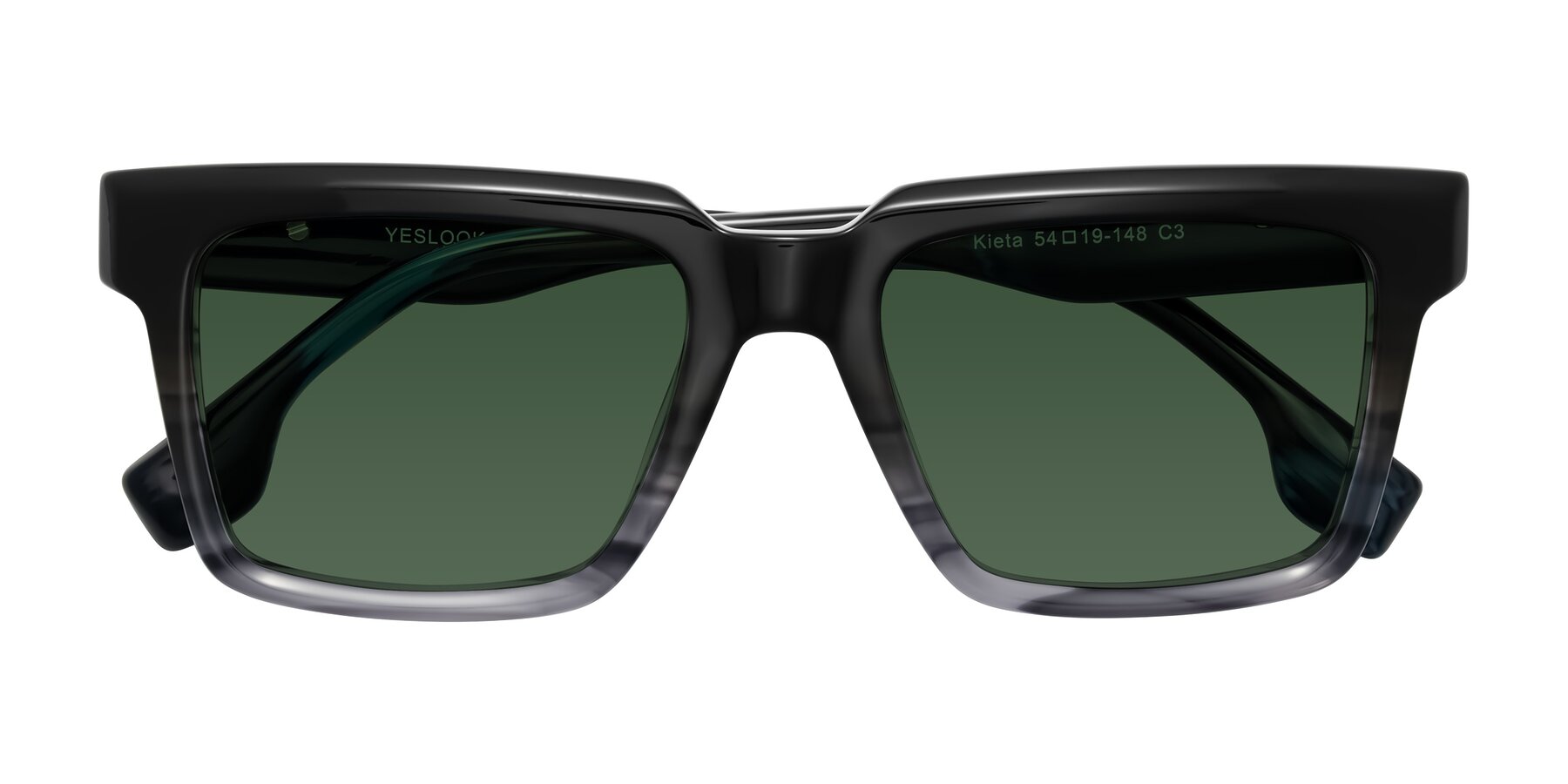 Folded Front of Kieta in Gradient Gray/Blue Striped with Green Tinted Lenses