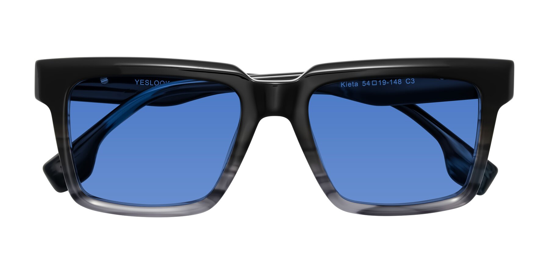 Folded Front of Kieta in Gradient Gray/Blue Striped with Blue Tinted Lenses