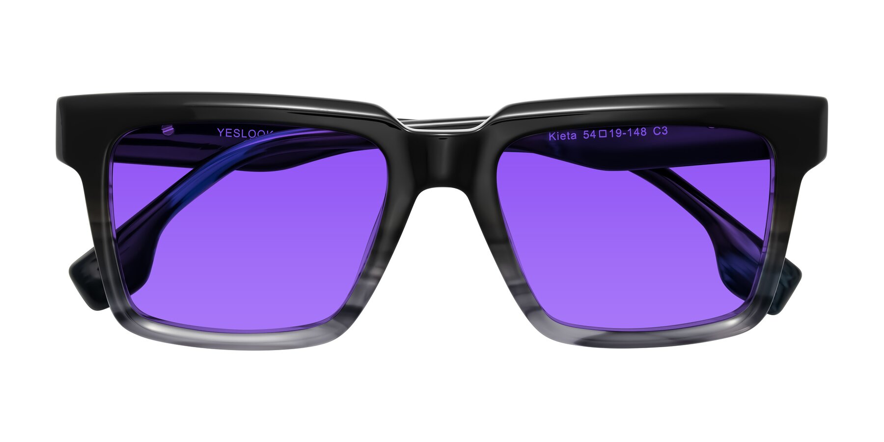 Folded Front of Kieta in Gradient Gray/Blue Striped with Purple Tinted Lenses