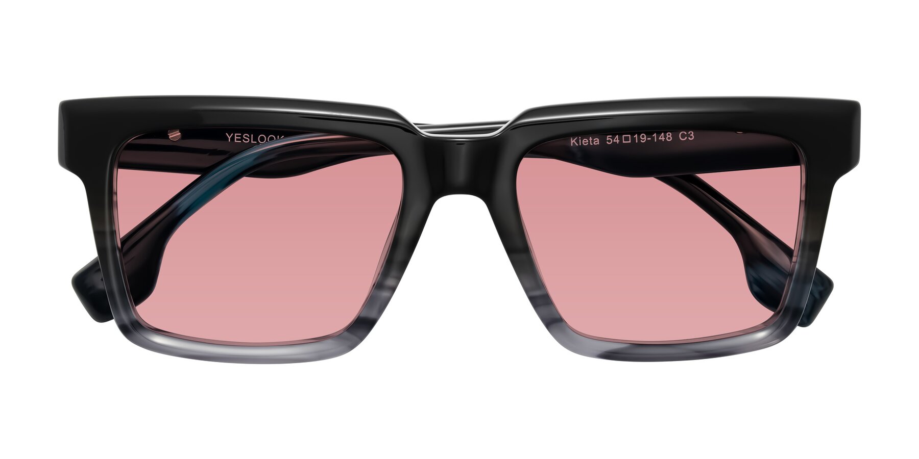 Folded Front of Kieta in Gradient Gray/Blue Striped with Medium Garnet Tinted Lenses