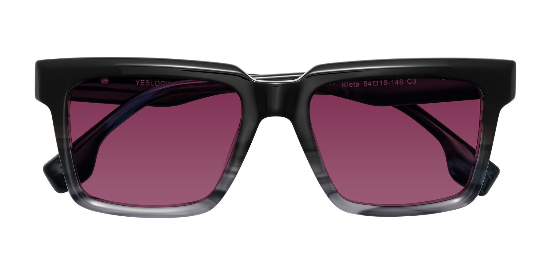 Folded Front of Kieta in Gradient Gray/Blue Striped with Wine Tinted Lenses