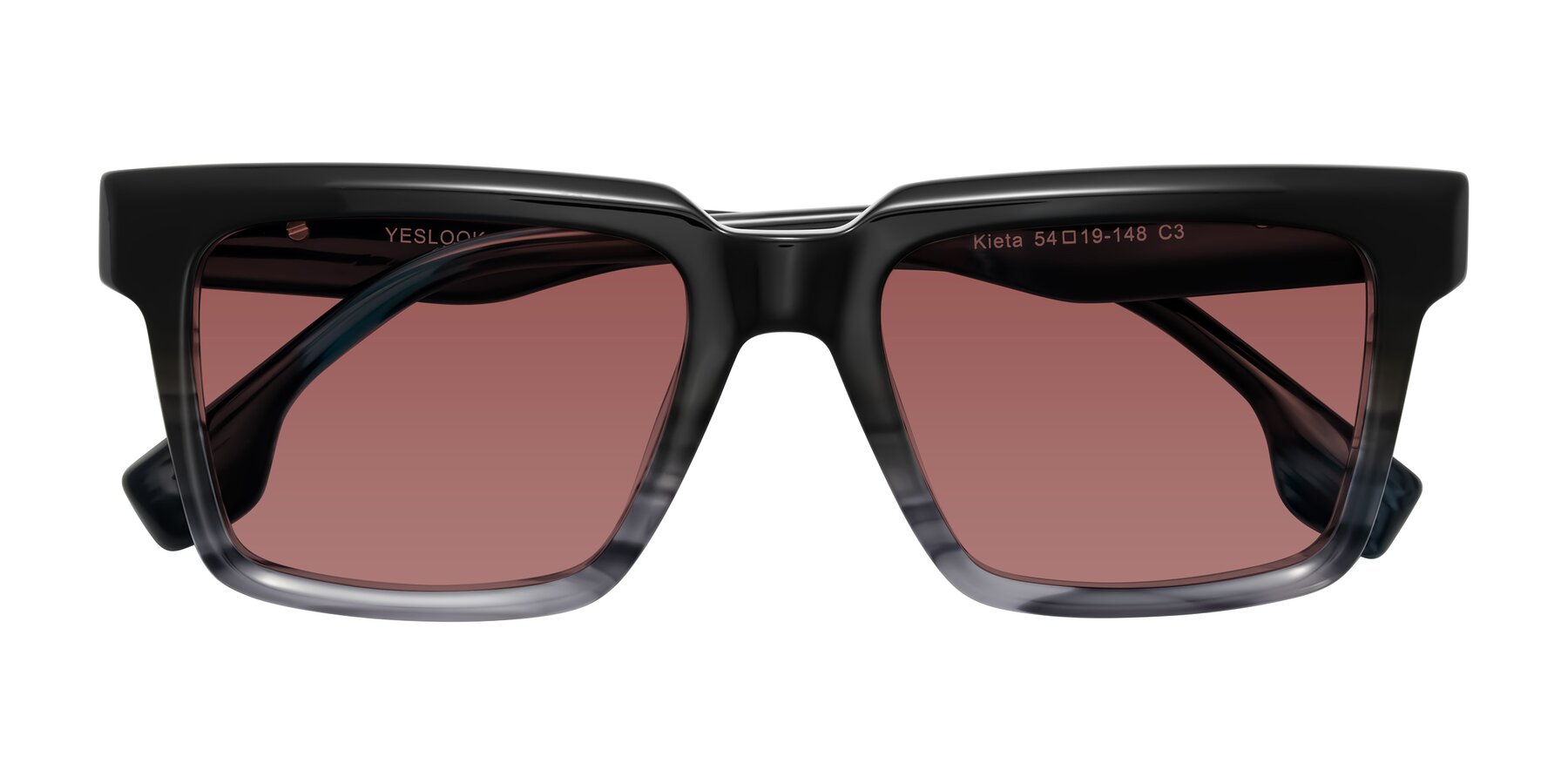 Folded Front of Kieta in Gradient Gray/Blue Striped with Garnet Tinted Lenses