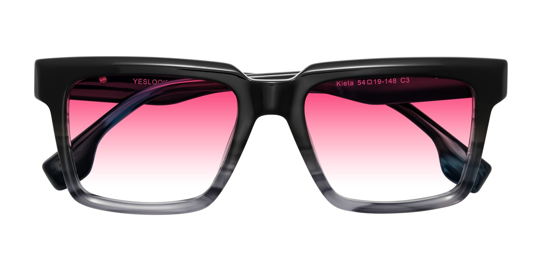 Folded Front of Kieta in Gradient Gray/Blue Striped with Pink Gradient Lenses