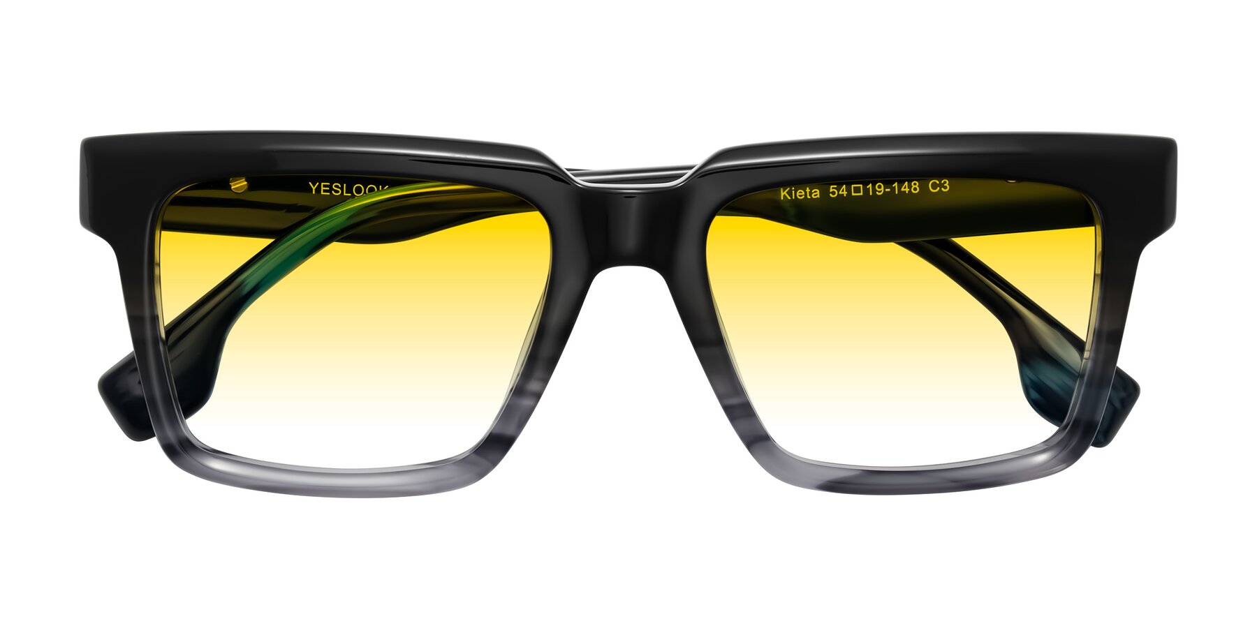 Folded Front of Kieta in Gradient Gray/Blue Striped with Yellow Gradient Lenses