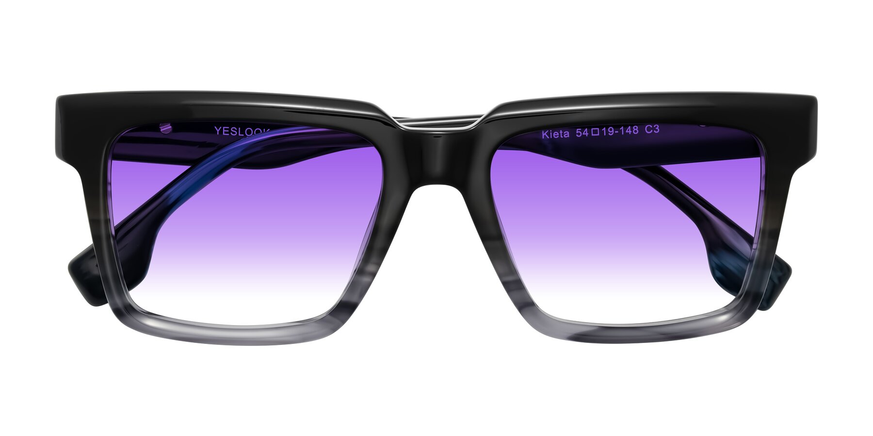 Folded Front of Kieta in Gradient Gray/Blue Striped with Purple Gradient Lenses