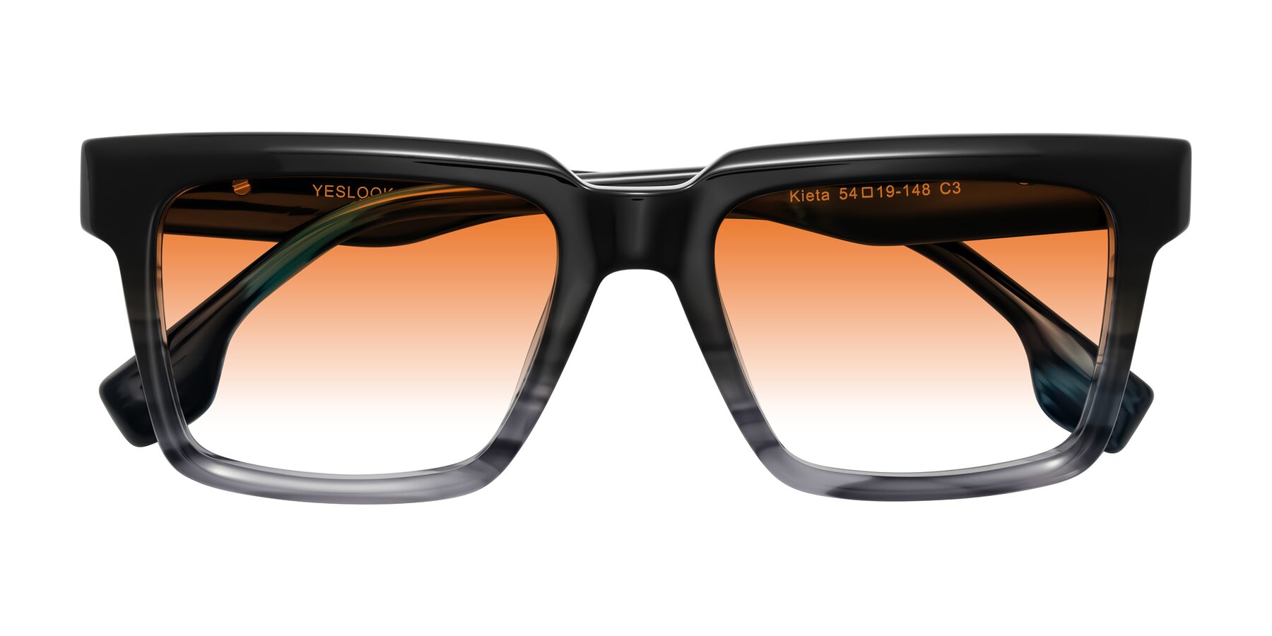 Folded Front of Kieta in Gradient Gray/Blue Striped with Orange Gradient Lenses