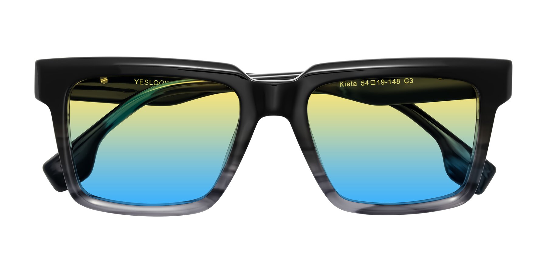 Folded Front of Kieta in Gradient Gray/Blue Striped with Yellow / Blue Gradient Lenses