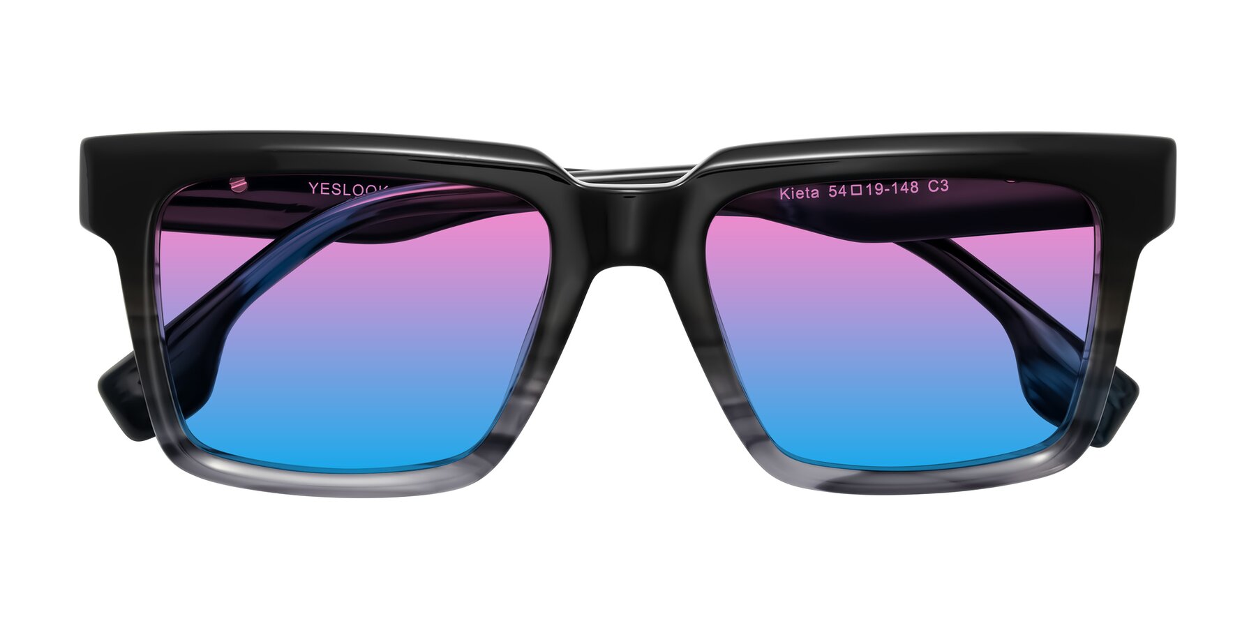 Folded Front of Kieta in Gradient Gray/Blue Striped with Pink / Blue Gradient Lenses