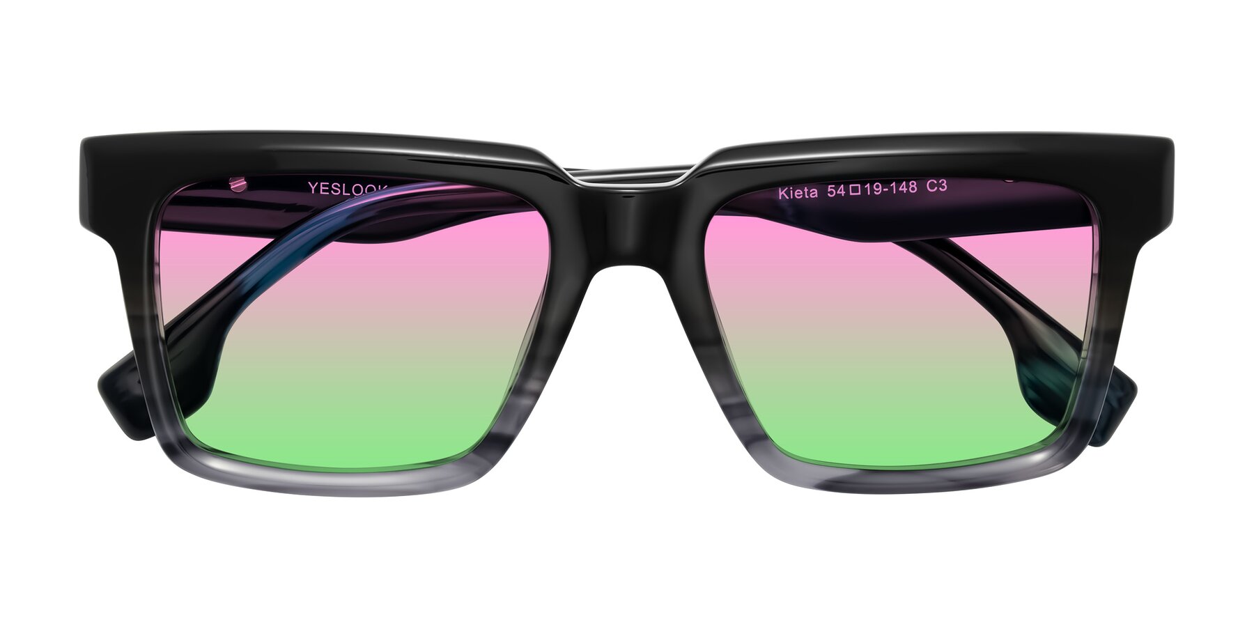 Folded Front of Kieta in Gradient Gray/Blue Striped with Pink / Green Gradient Lenses