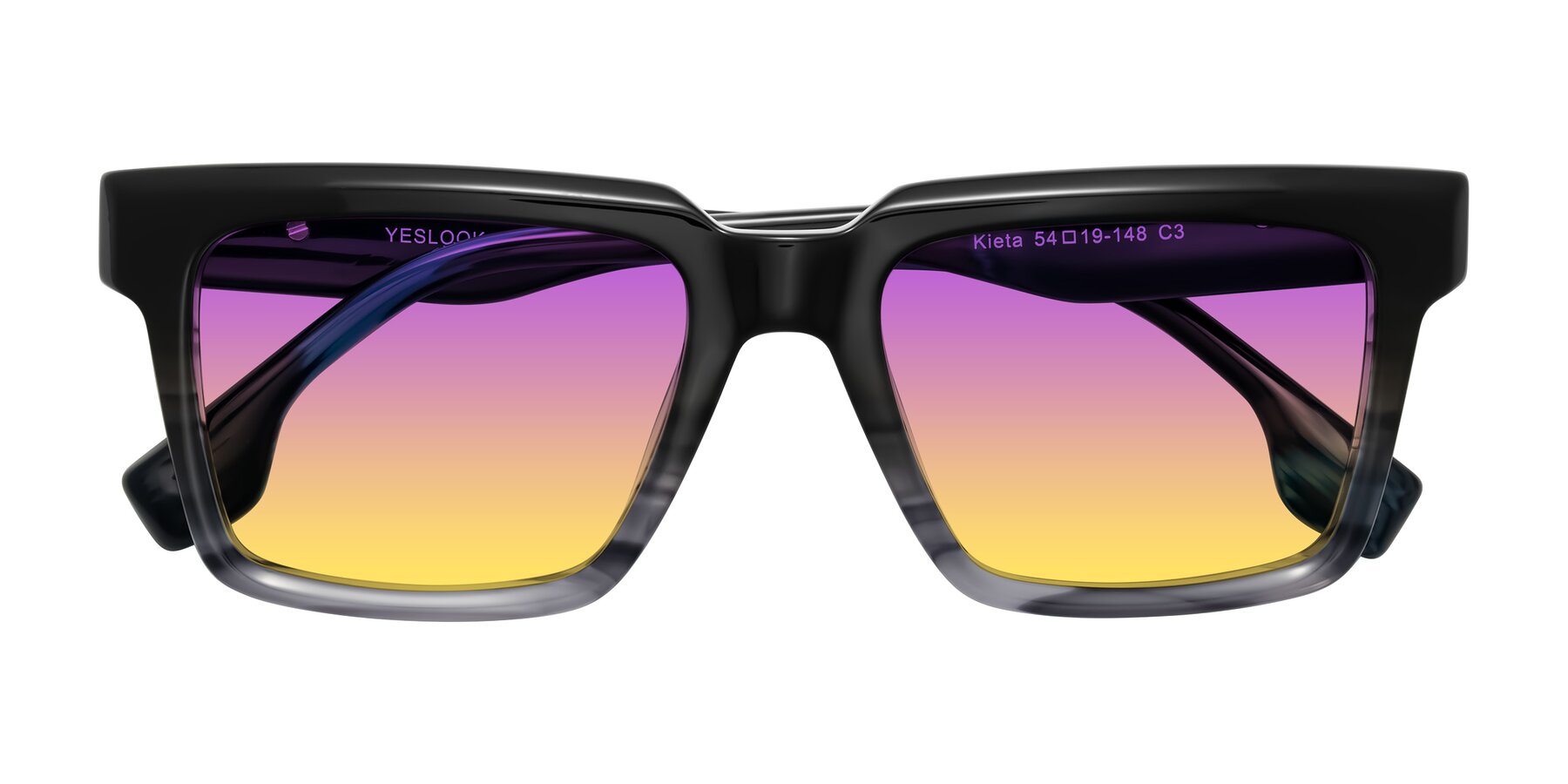 Folded Front of Kieta in Gradient Gray/Blue Striped with Purple / Yellow Gradient Lenses