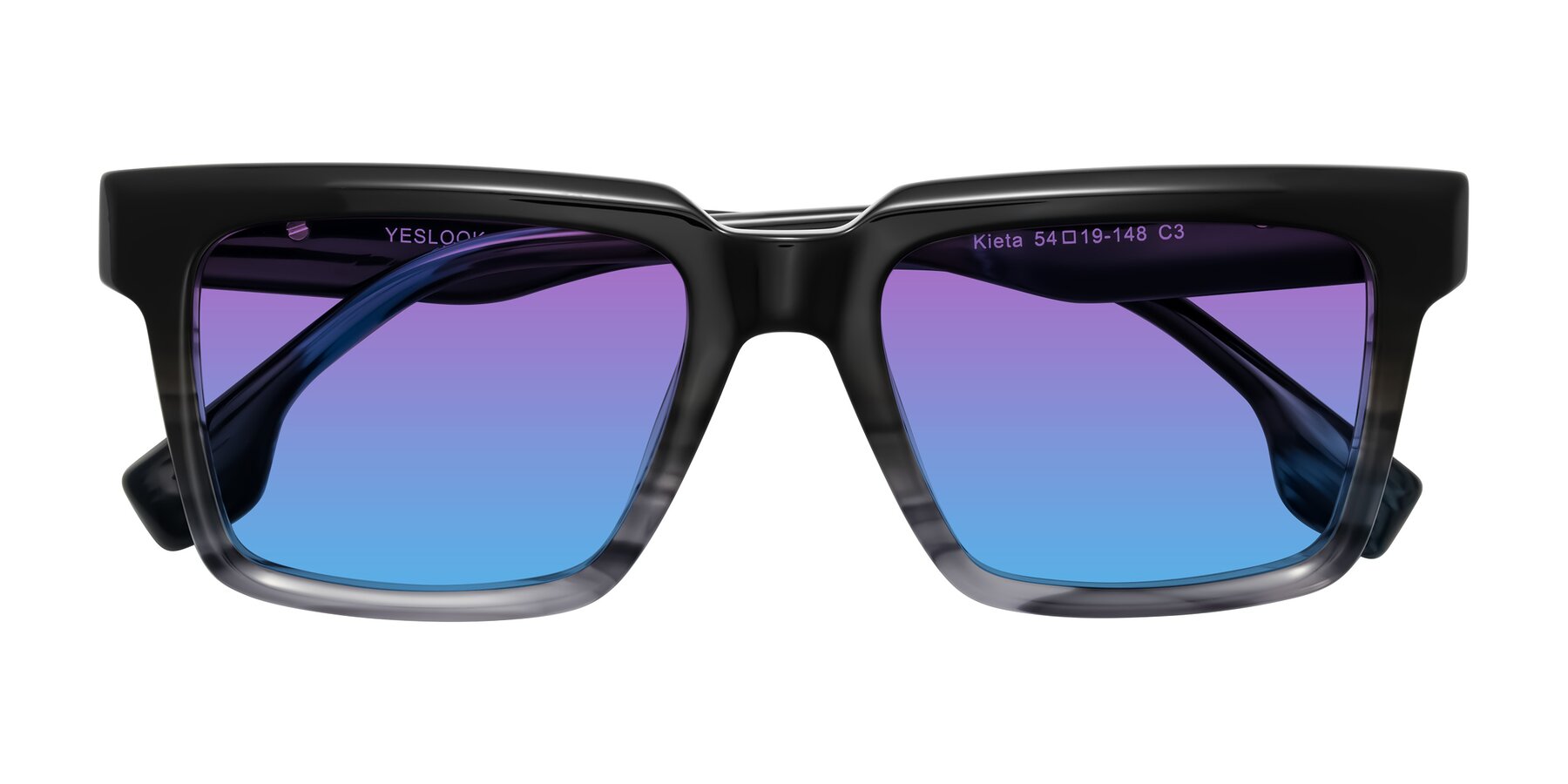 Folded Front of Kieta in Gradient Gray/Blue Striped with Purple / Blue Gradient Lenses