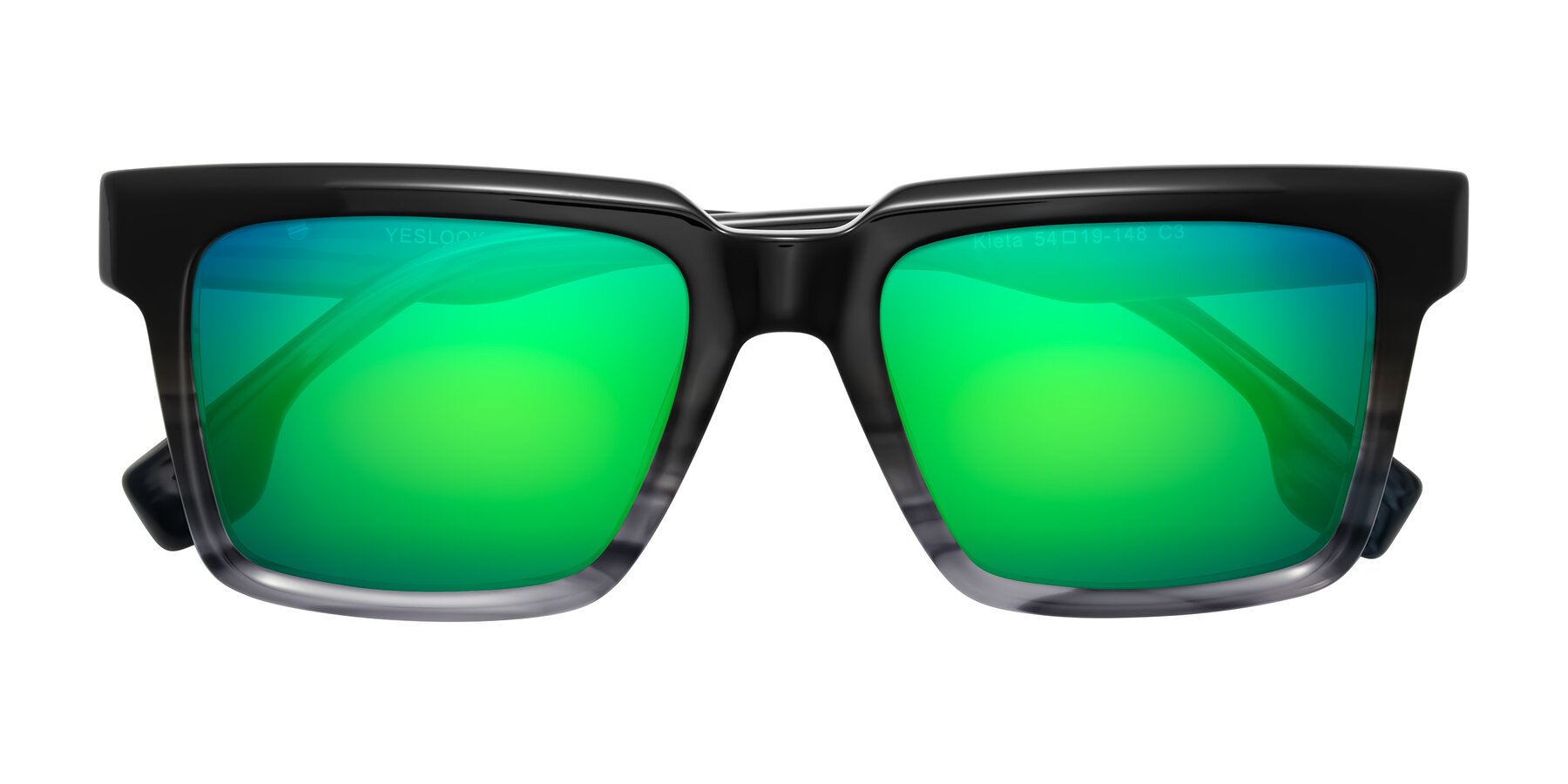 Folded Front of Kieta in Gradient Gray/Blue Striped with Green Mirrored Lenses