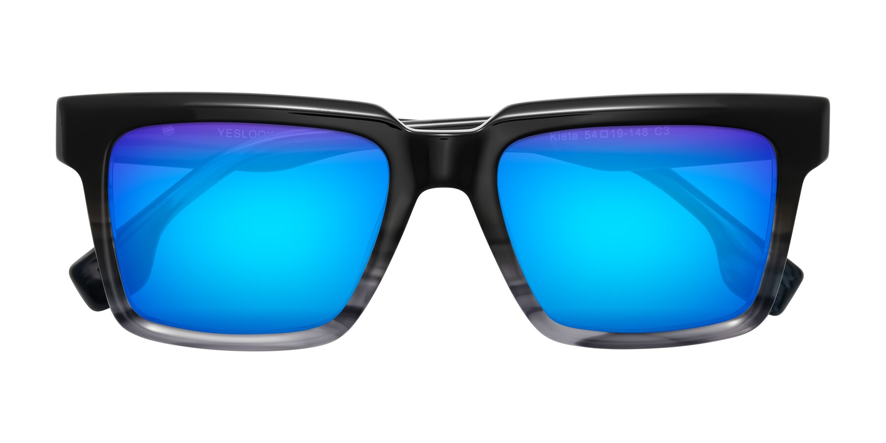 Folded Front of Kieta in Gradient Gray/Blue Striped with Blue Mirrored Lenses