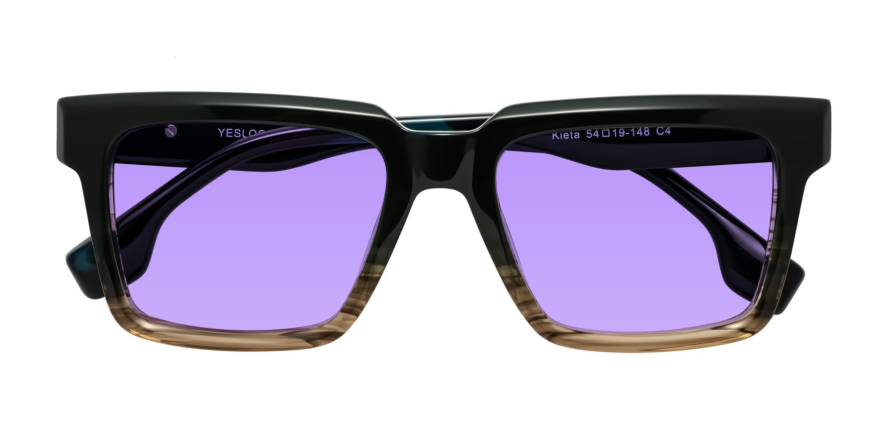Folded Front of Kieta in Gradient Brown/Teal Striped with Medium Purple Tinted Lenses