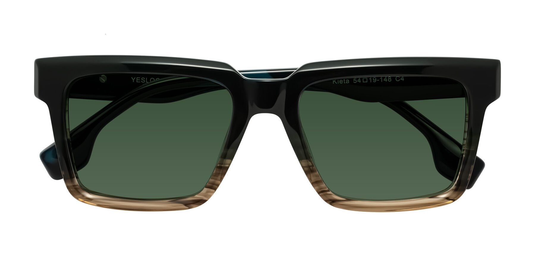 Folded Front of Kieta in Gradient Brown/Teal Striped with Green Tinted Lenses