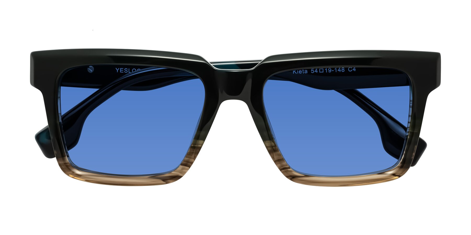 Folded Front of Kieta in Gradient Brown/Teal Striped with Blue Tinted Lenses