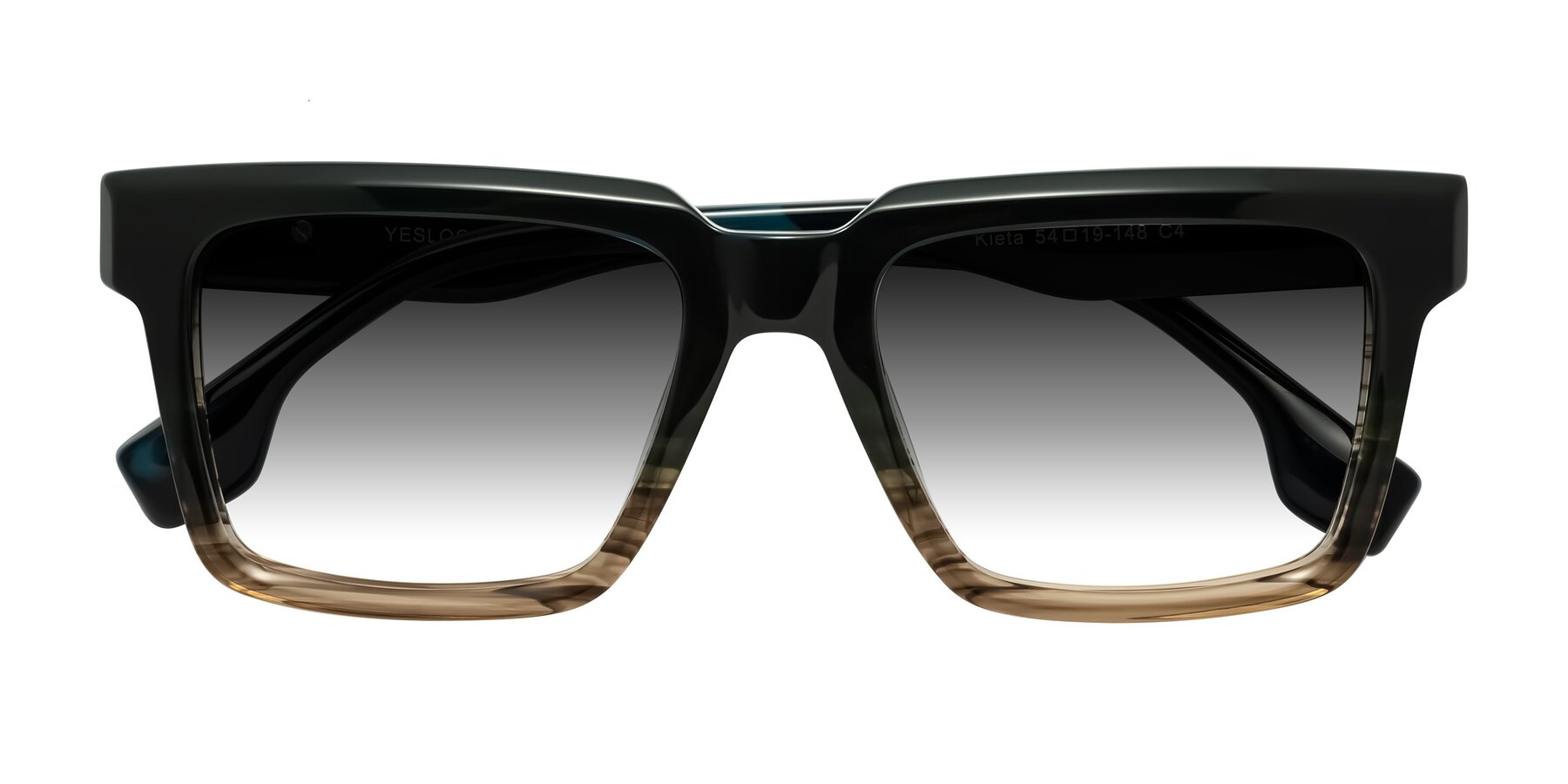 Folded Front of Kieta in Gradient Brown/Teal Striped with Gray Gradient Lenses