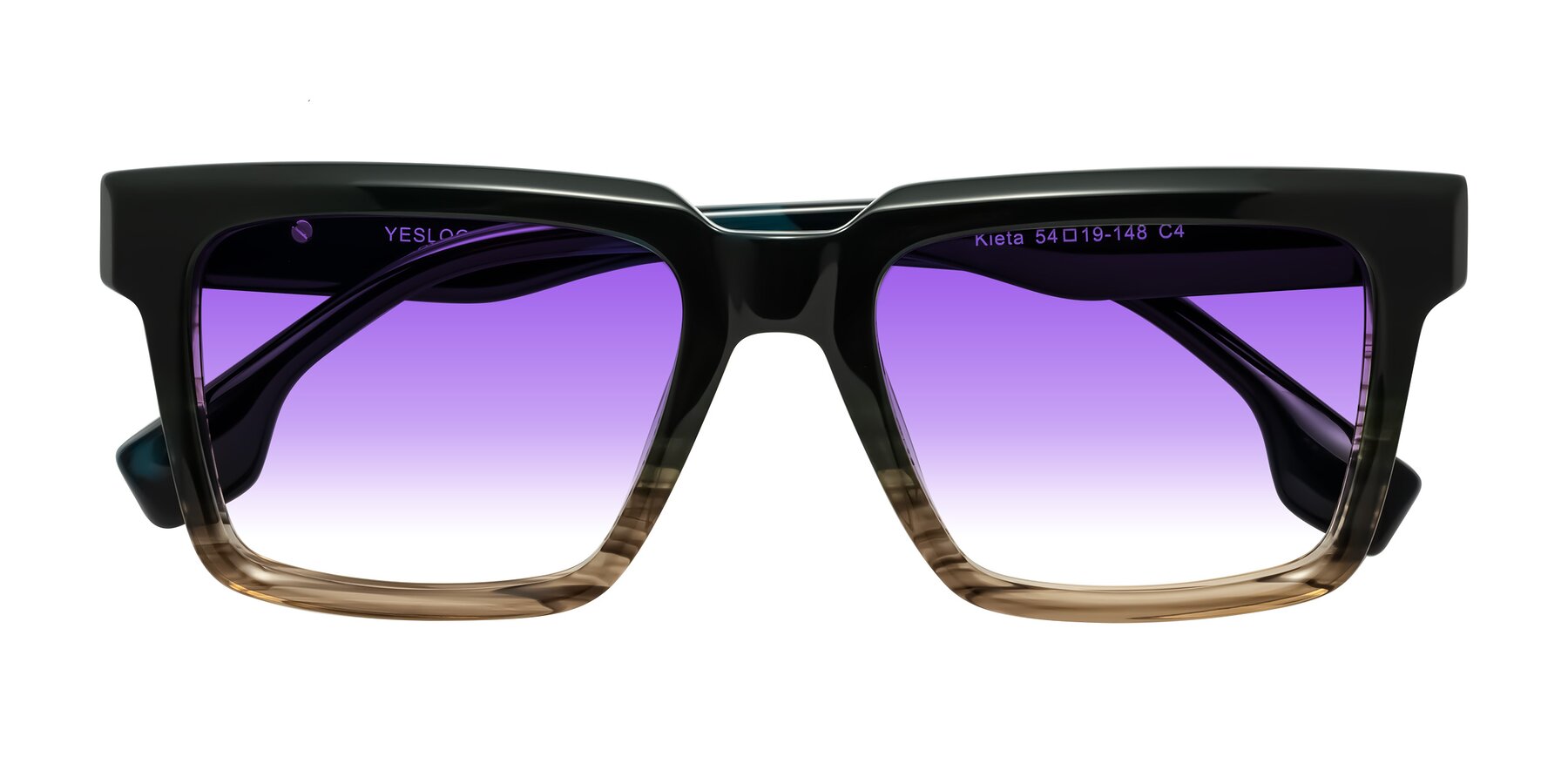 Folded Front of Kieta in Gradient Brown/Teal Striped with Purple Gradient Lenses