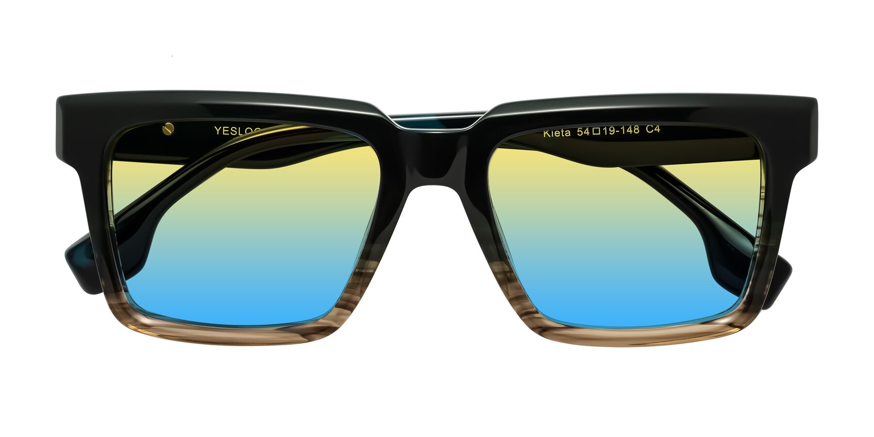 Folded Front of Kieta in Gradient Brown/Teal Striped with Yellow / Blue Gradient Lenses