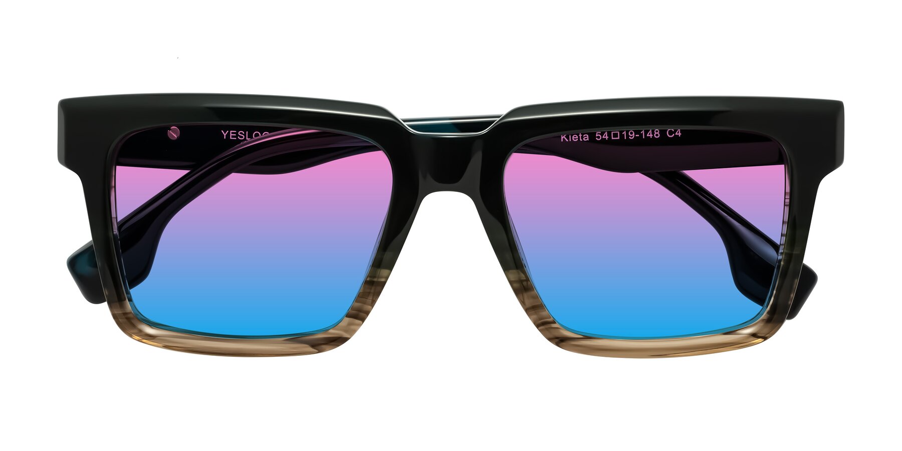 Folded Front of Kieta in Gradient Brown/Teal Striped with Pink / Blue Gradient Lenses