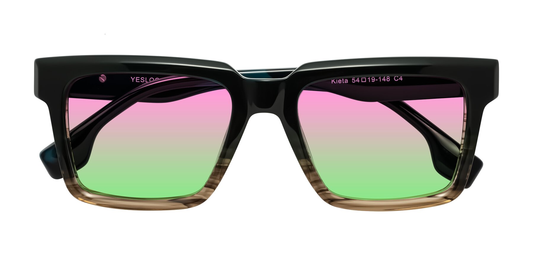 Folded Front of Kieta in Gradient Brown/Teal Striped with Pink / Green Gradient Lenses