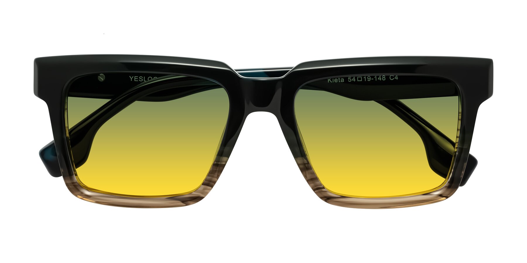 Folded Front of Kieta in Gradient Brown/Teal Striped with Green / Yellow Gradient Lenses