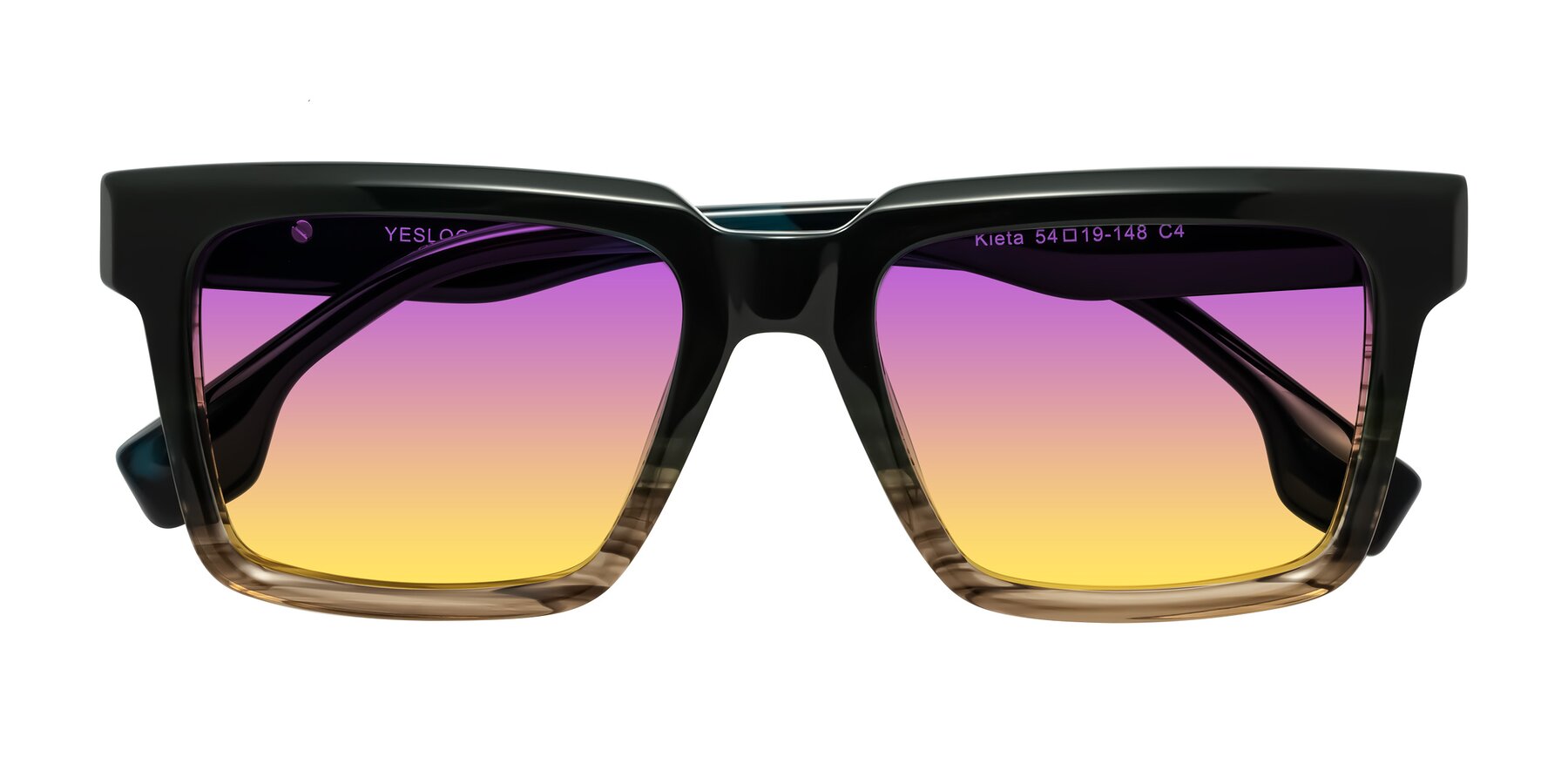 Folded Front of Kieta in Gradient Brown/Teal Striped with Purple / Yellow Gradient Lenses