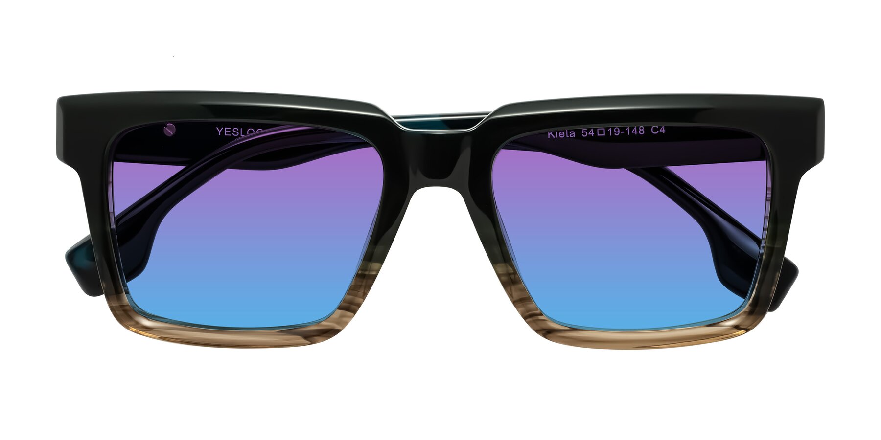 Folded Front of Kieta in Gradient Brown/Teal Striped with Purple / Blue Gradient Lenses