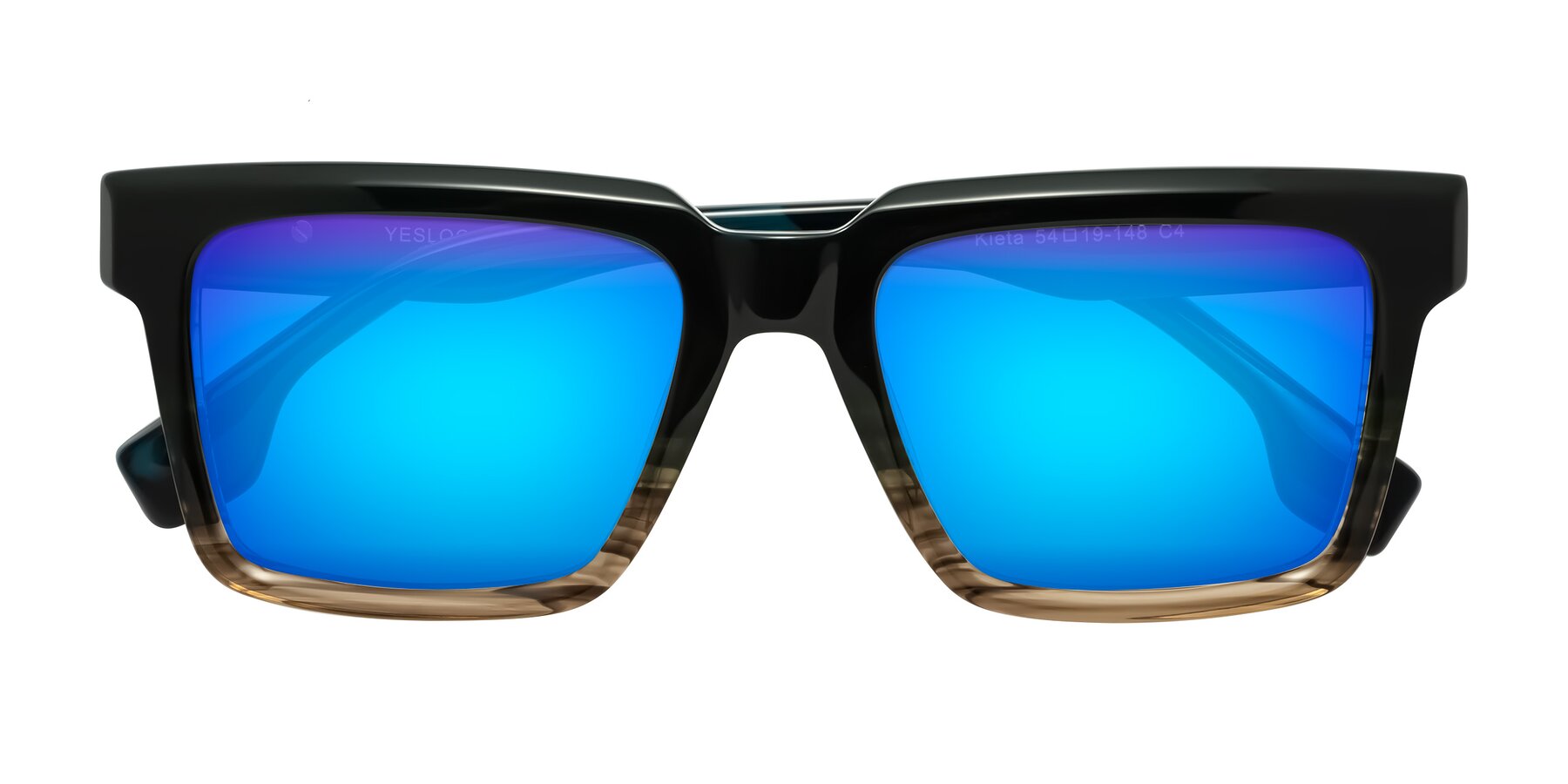 Folded Front of Kieta in Gradient Brown/Teal Striped with Blue Mirrored Lenses