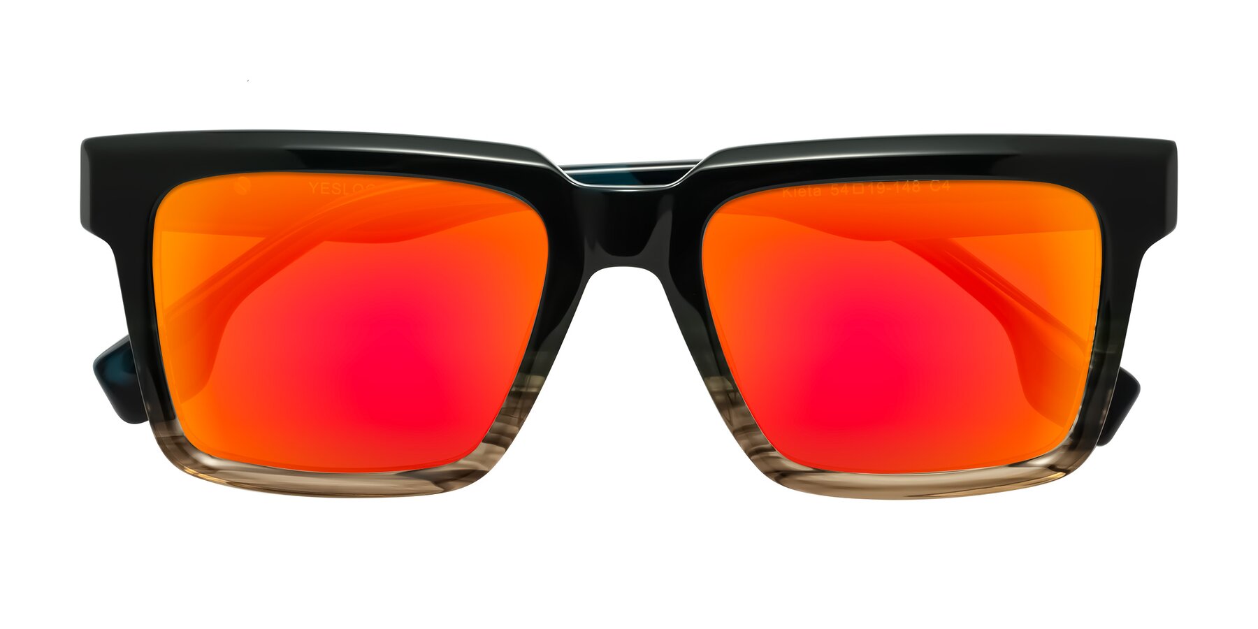 Folded Front of Kieta in Gradient Brown/Teal Striped with Red Gold Mirrored Lenses