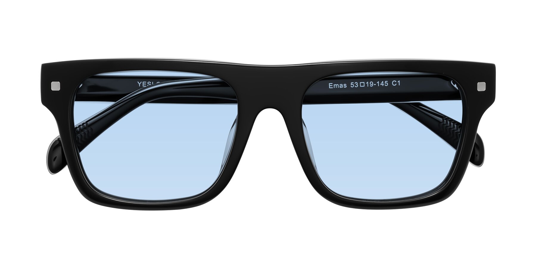 Folded Front of Emas in Black with Light Blue Tinted Lenses