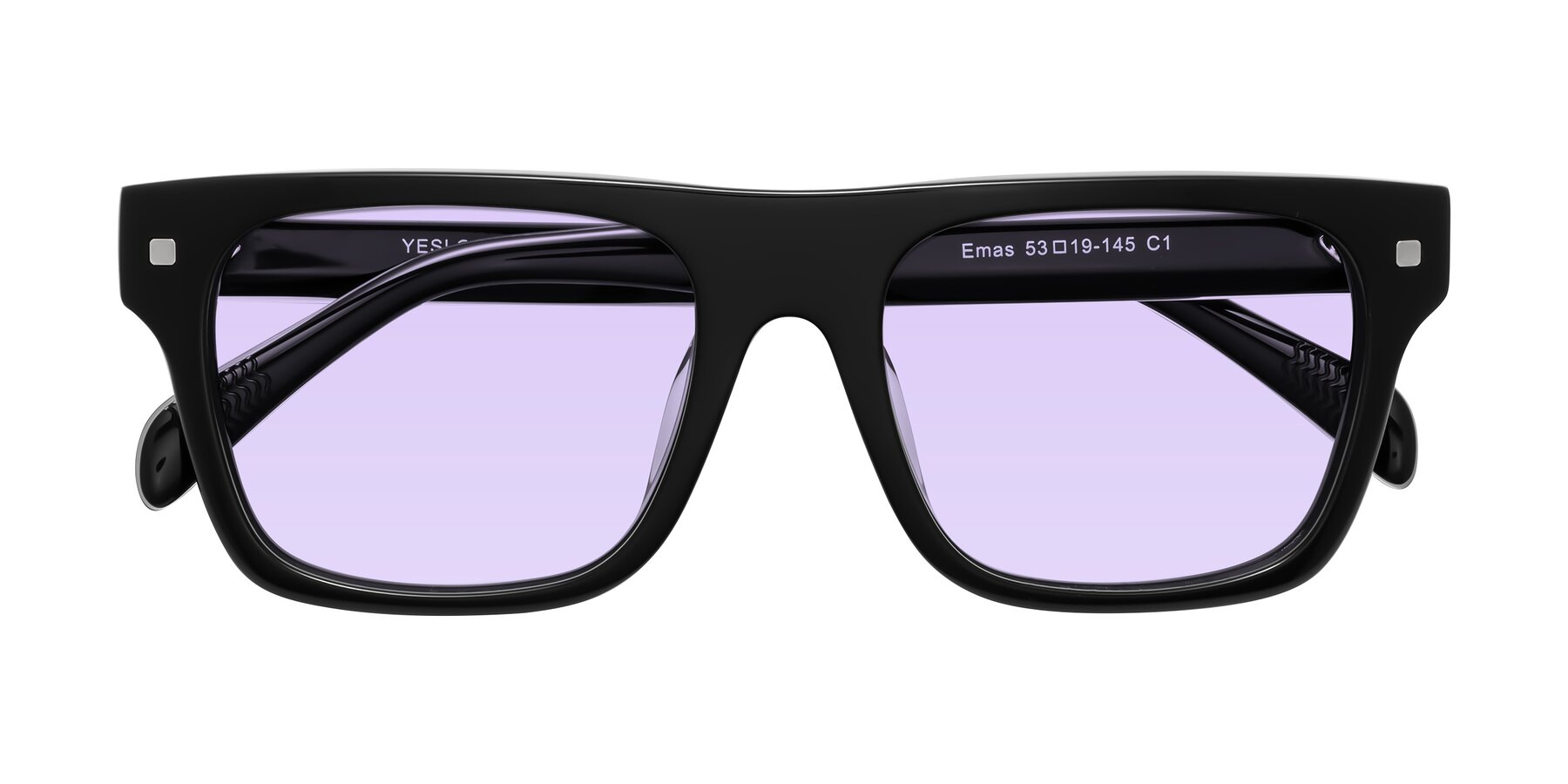 Folded Front of Emas in Black with Light Purple Tinted Lenses