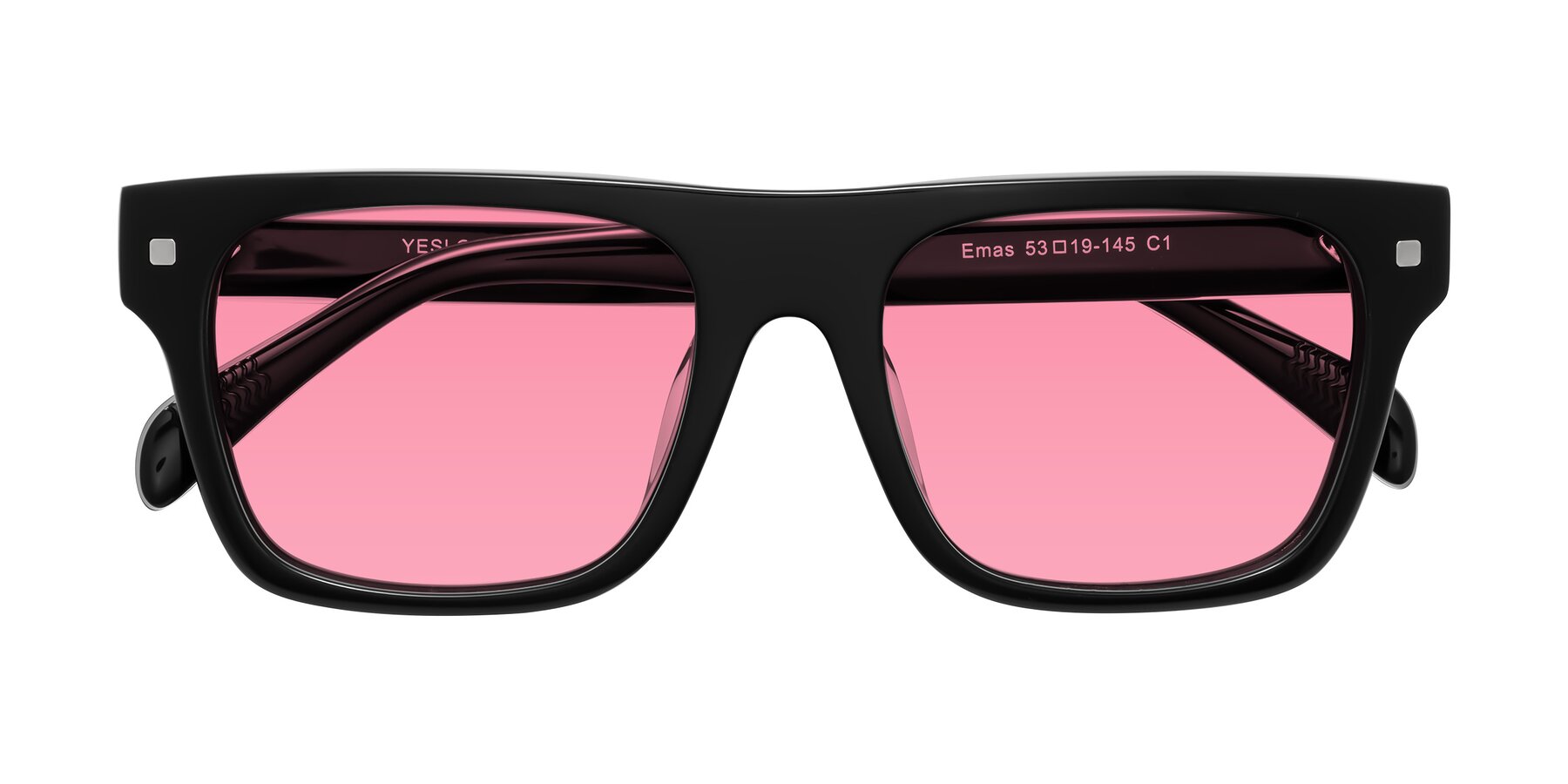 Folded Front of Emas in Black with Pink Tinted Lenses