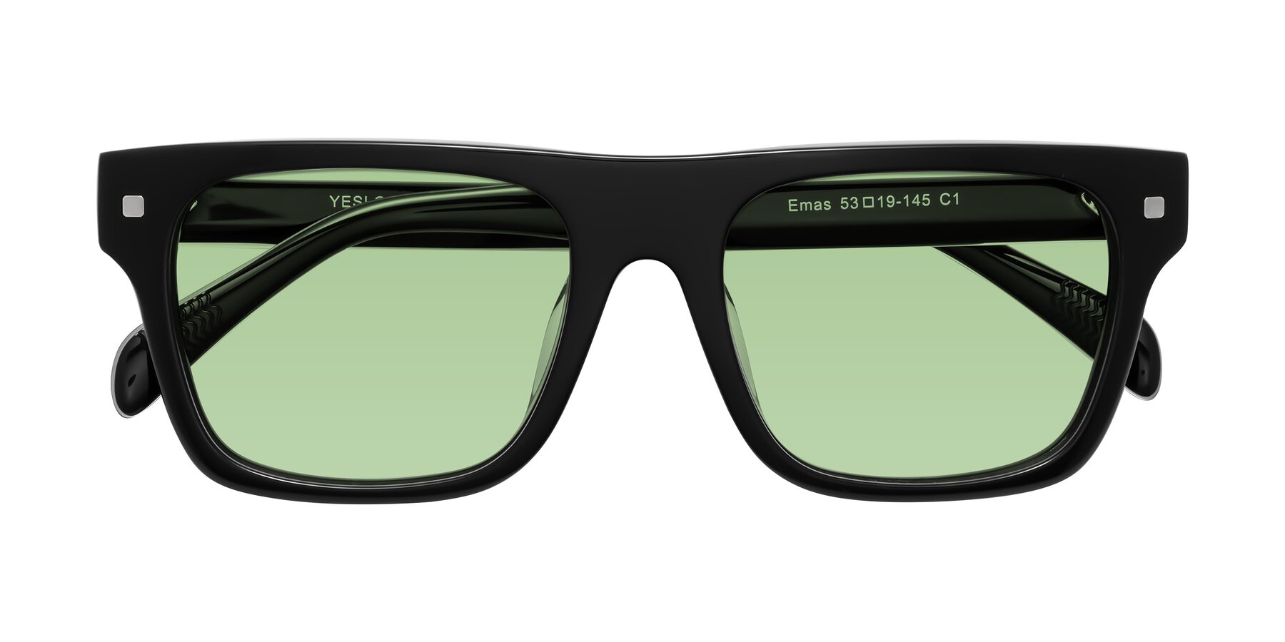 Folded Front of Emas in Black with Medium Green Tinted Lenses
