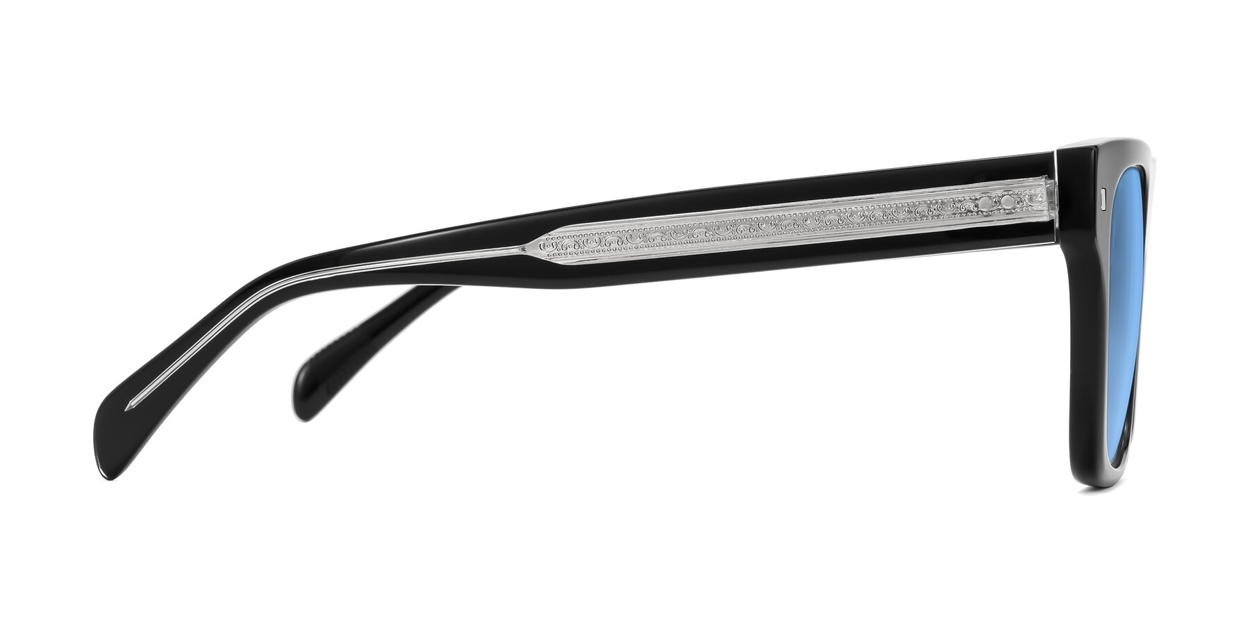 Side of Emas in Black with Medium Blue Tinted Lenses