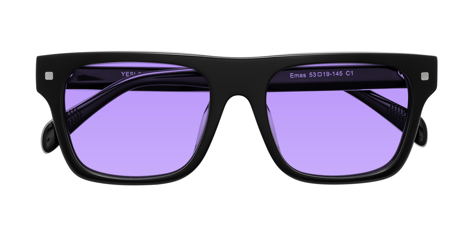 Folded Front of Emas in Black with Medium Purple Tinted Lenses