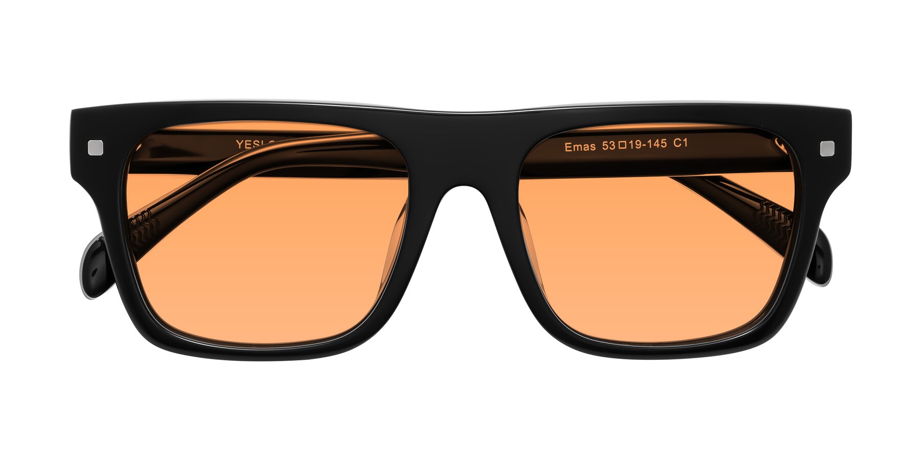 Folded Front of Emas in Black with Medium Orange Tinted Lenses