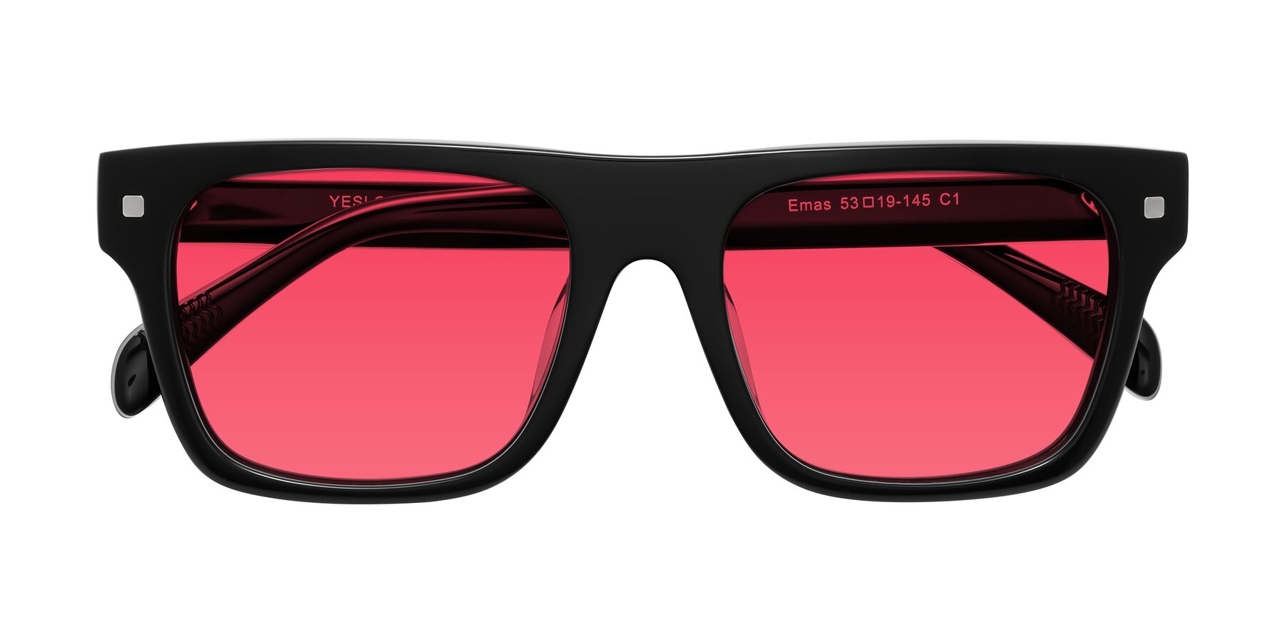 Folded Front of Emas in Black with Red Tinted Lenses