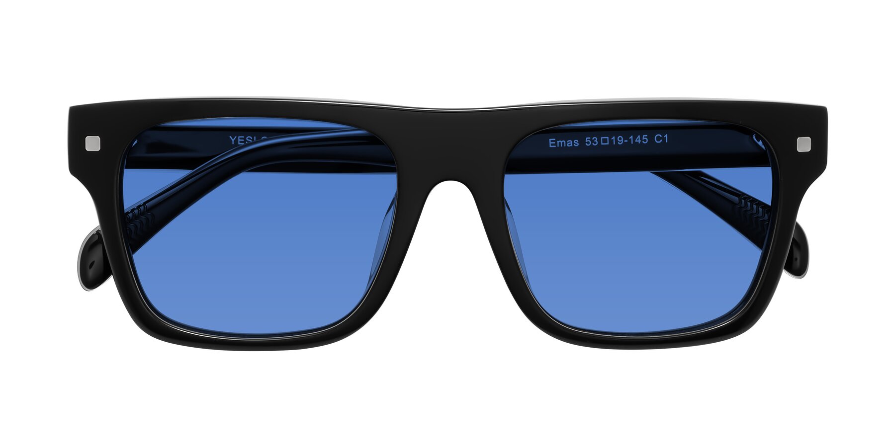Folded Front of Emas in Black with Blue Tinted Lenses