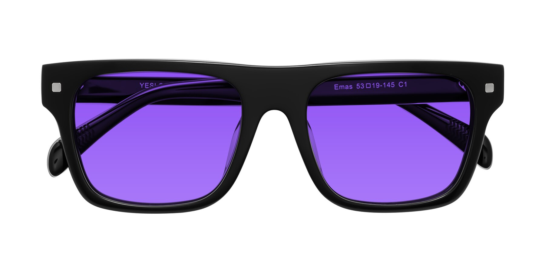 Folded Front of Emas in Black with Purple Tinted Lenses