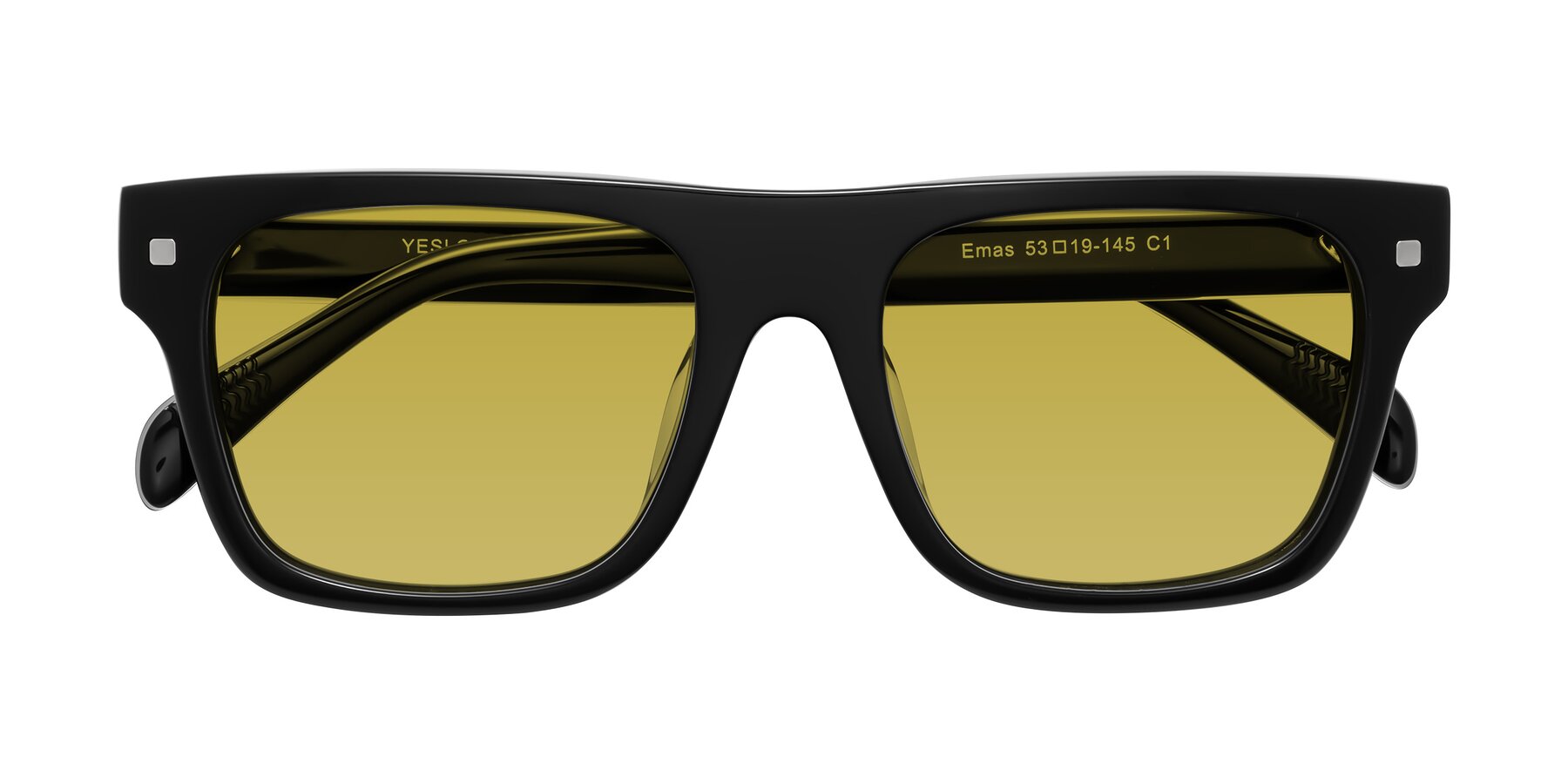 Folded Front of Emas in Black with Champagne Tinted Lenses