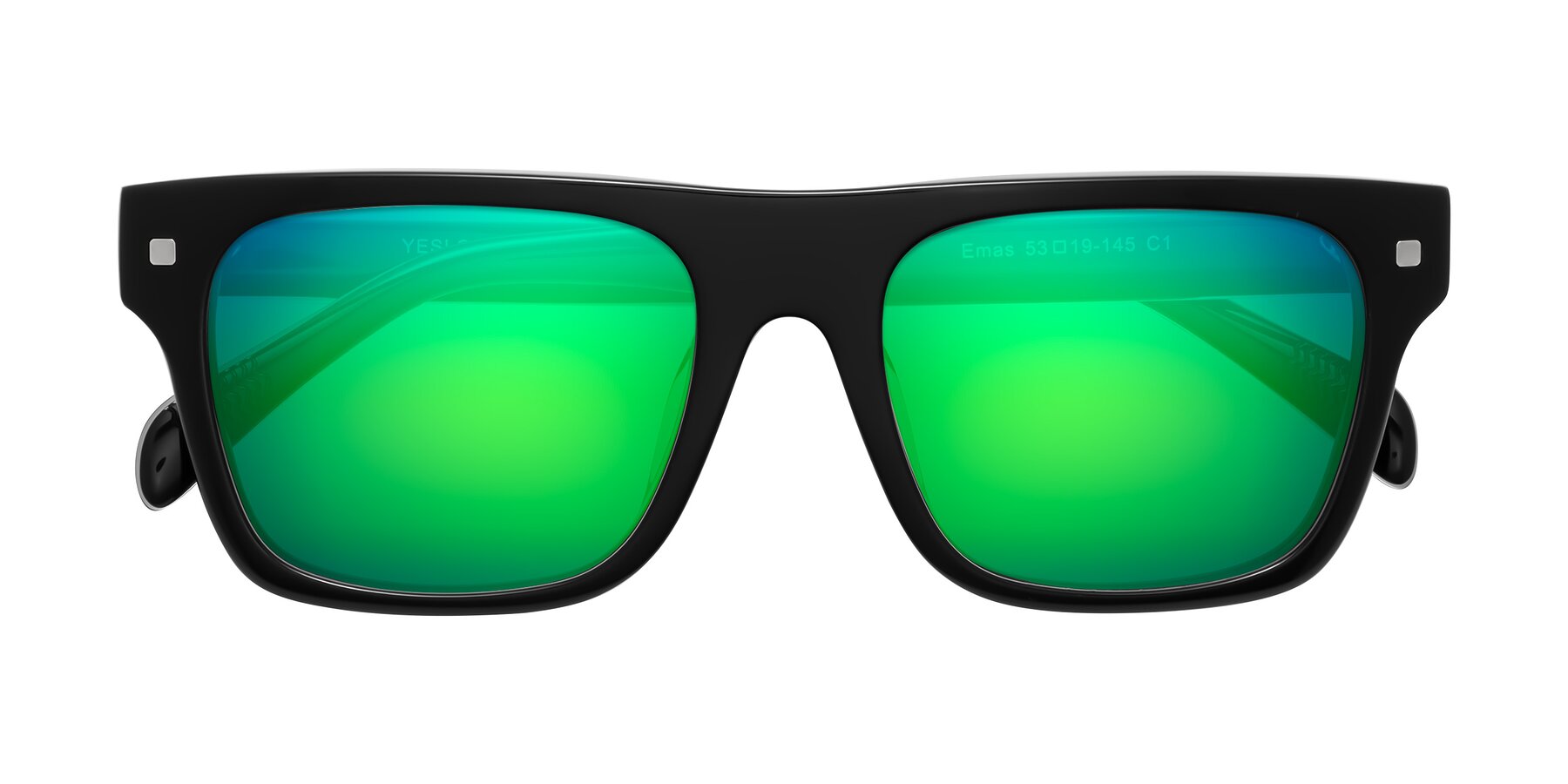 Folded Front of Emas in Black with Green Mirrored Lenses
