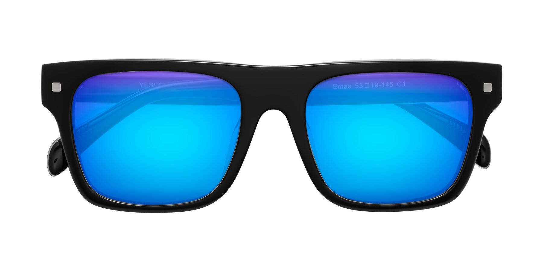 Folded Front of Emas in Black with Blue Mirrored Lenses