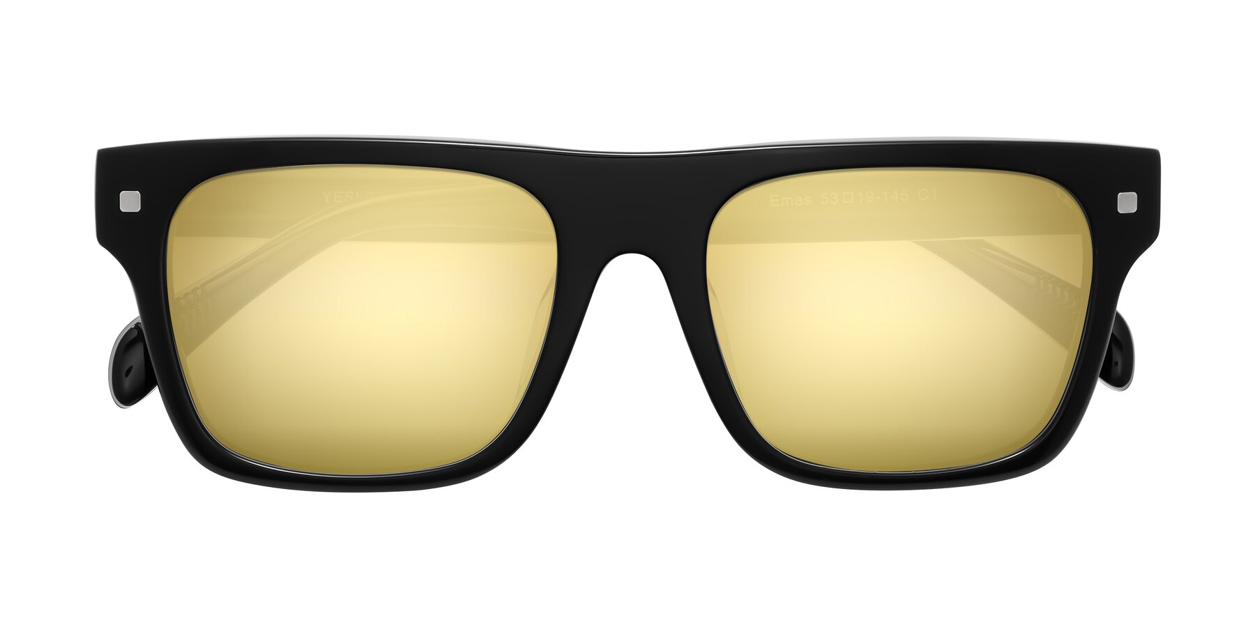 Folded Front of Emas in Black with Gold Mirrored Lenses