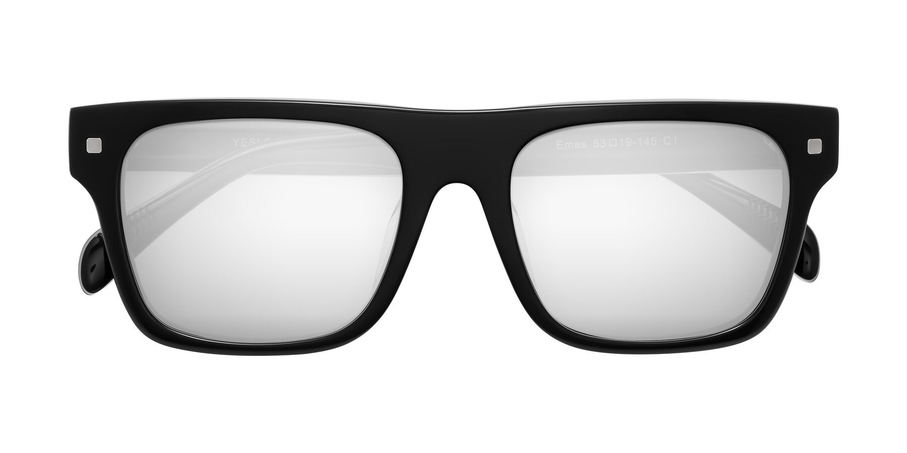 Folded Front of Emas in Black with Silver Mirrored Lenses