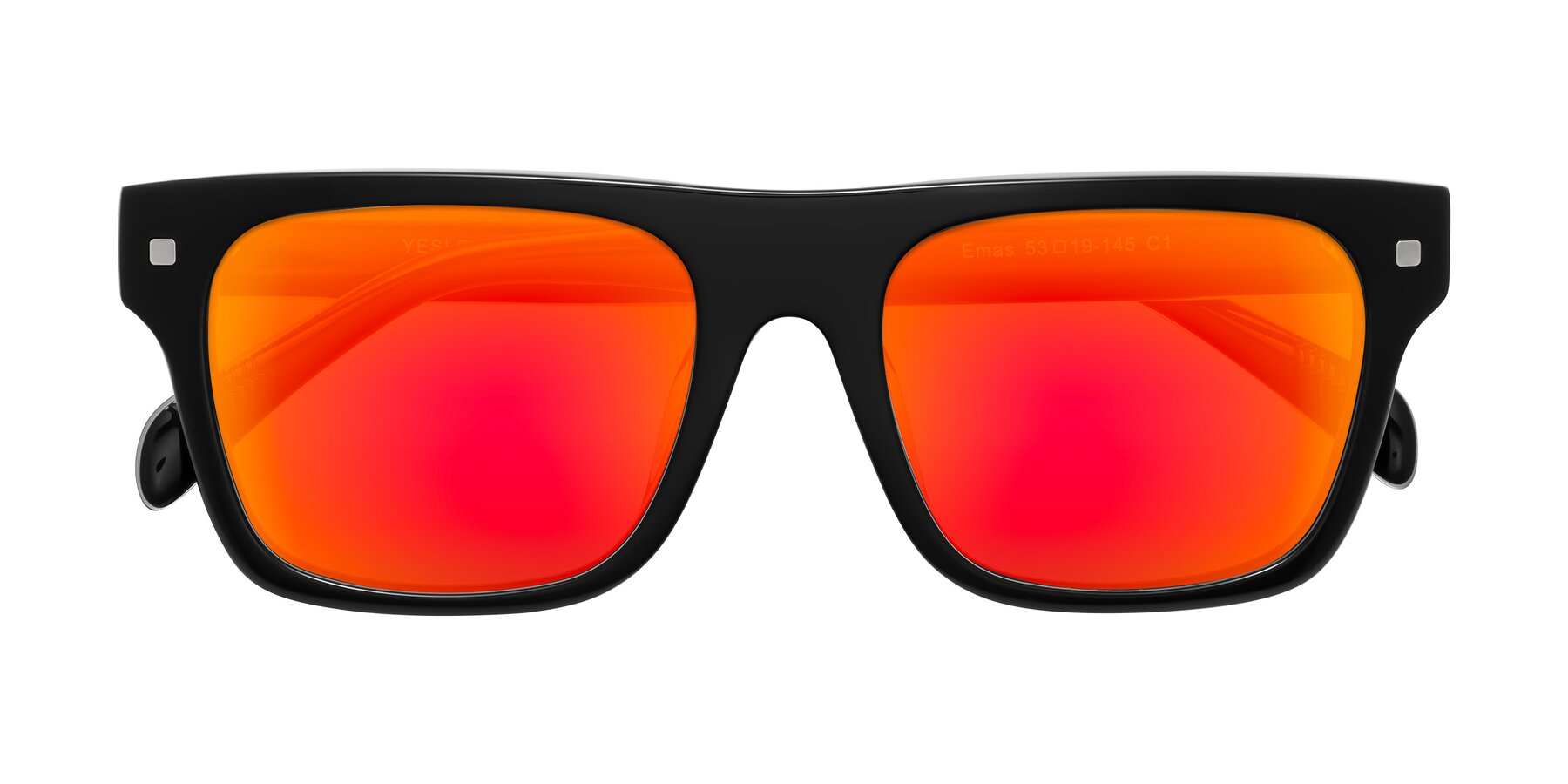 Folded Front of Emas in Black with Red Gold Mirrored Lenses